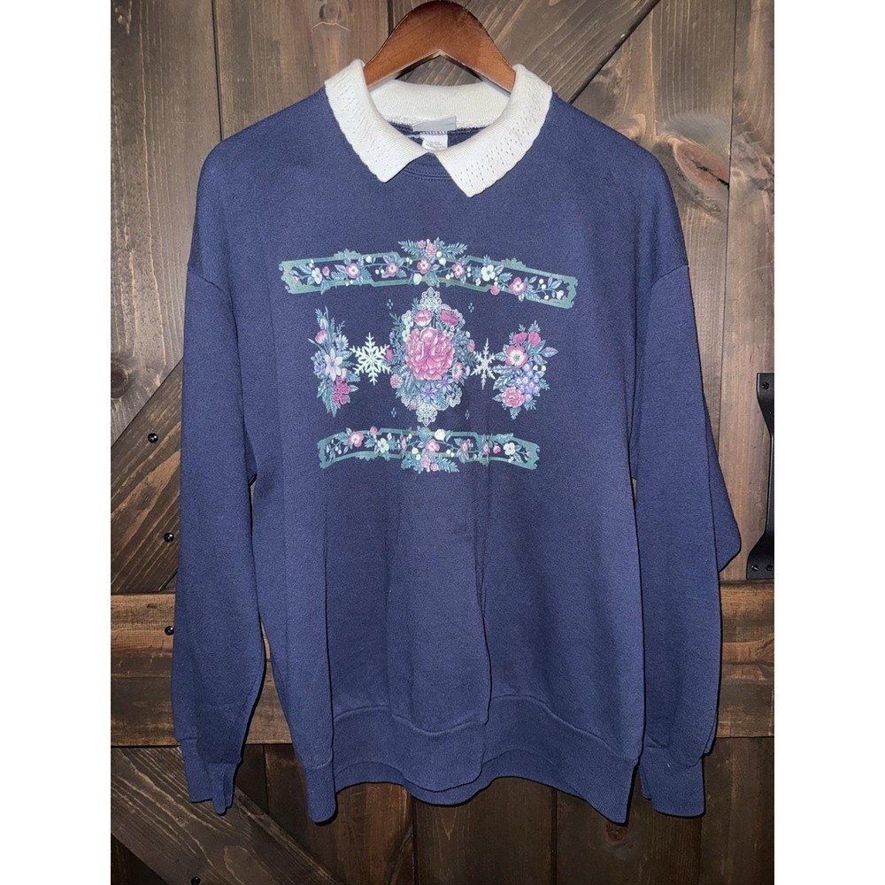 Vtg‎ 90s Whim Z Women's XL Flower Snowflake Collared Crewneck Sweatshirt USA